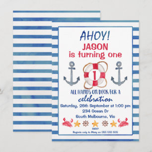 Boys Watercolor Nautical Birthday Invitation
