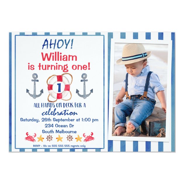 Boys Watercolor Nautical Birthday Party Invitation