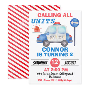 Boys Watercolor Police Car Birthday Invitation