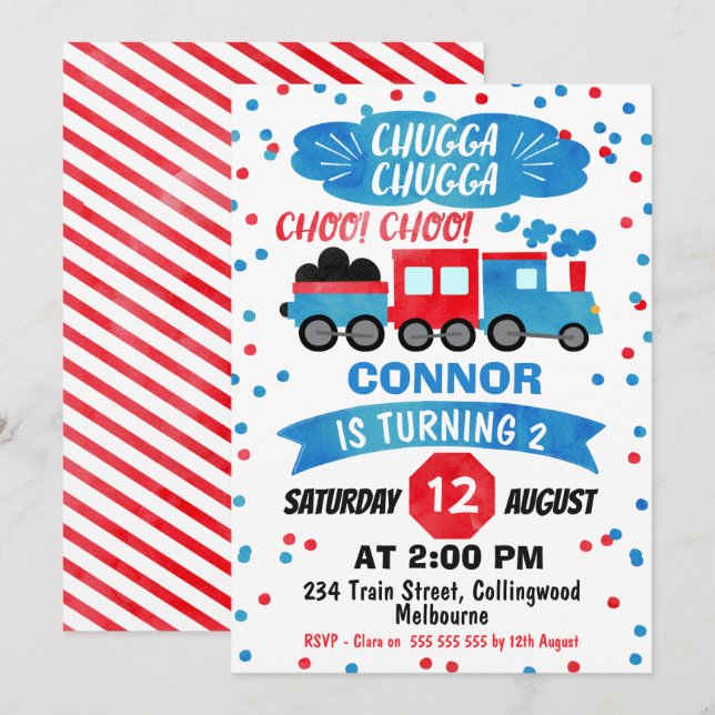 Boys Watercolor Train Birthday Invitation (Front/Back)