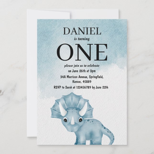 Boys Watercolor Triceratops Dinosaur 1st Birthday  Invitation (Front)