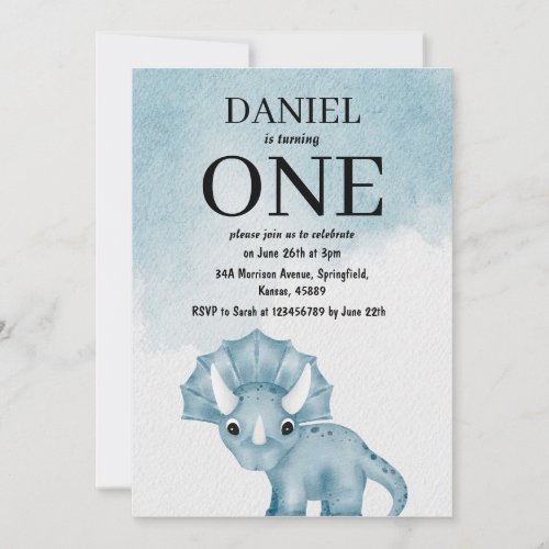 Boys Watercolor Triceratops Dinosaur 1st Birthday  Invitation