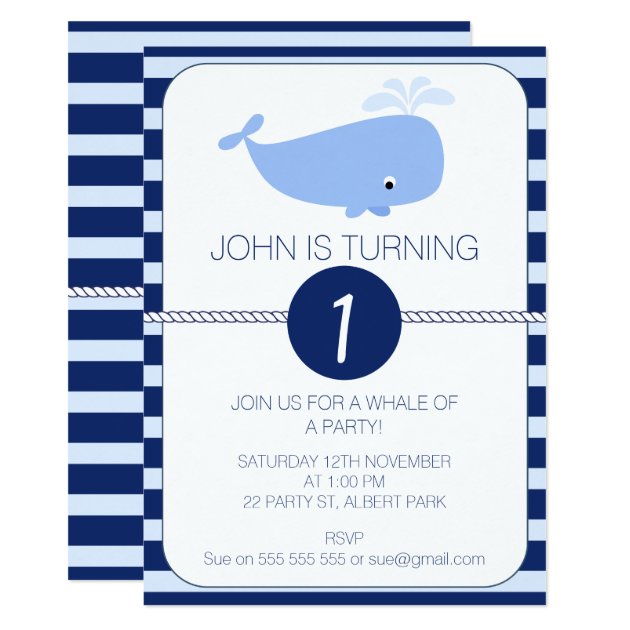 Boys Whale Nautical 1st Birthday Party Invitation