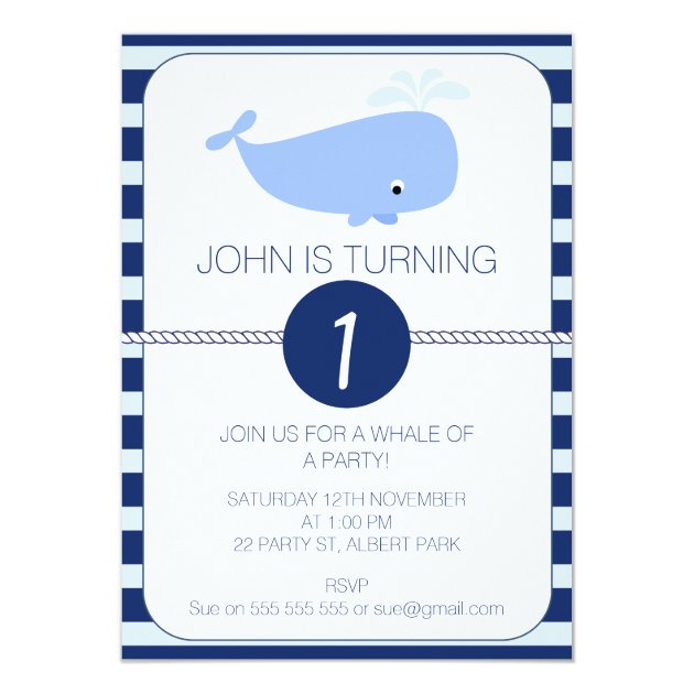 Boys Whale Nautical 1st Birthday Party Invitation