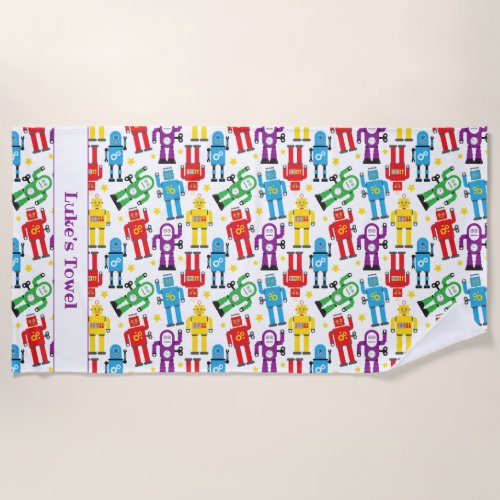 Boys White Sci Fi Robots and Aliens Print Beach Towel