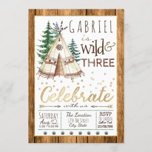 Boys Wild and Three Tribal TeePee Third Birthday Invitation