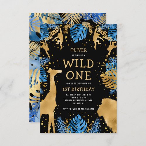 Boys Wild One 1st Birthday Blue Black Safari Invitation