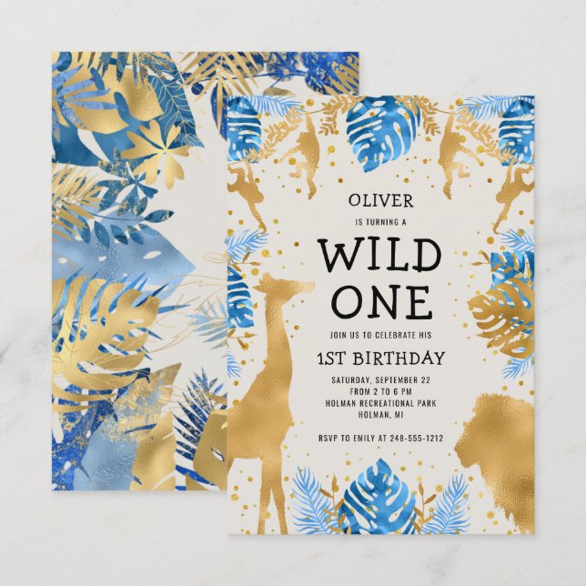 Boys Wild One 1st Birthday Blue Ecru Safari Invitation (Front/Back)