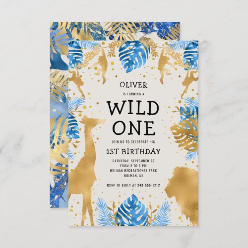 Boys Wild One 1st Birthday Blue Ecru Safari Invitation