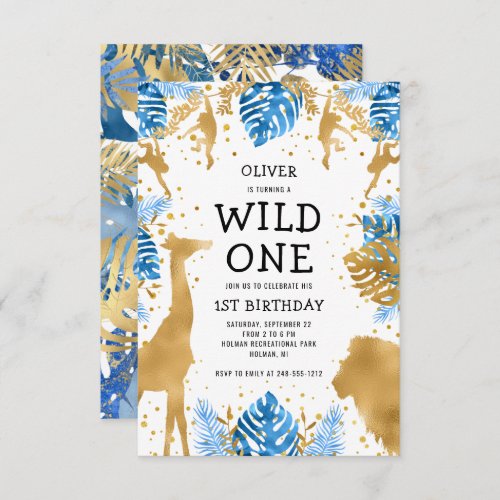 Boys Wild One 1st Birthday Blue Gold Safari Invitation