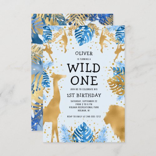 Boys Wild One 1st Birthday Blue Safari Invitation