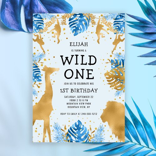 Boys Wild One Blue Safari 1st Birthday Party Invitation