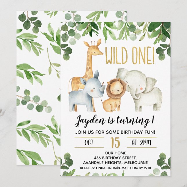 Boys Wild One Foliage Safari Birthday Invitation (Front/Back)
