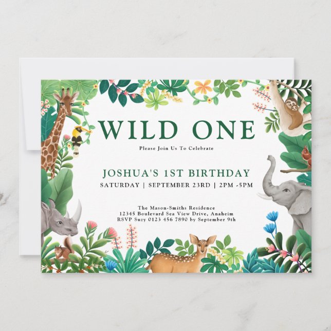 Boys Wild One Jungle Safari Animals 1st Birthday Invitation (Front)