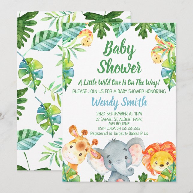 Boys Wild One Safari Animals Baby Shower Invitation (Front/Back)