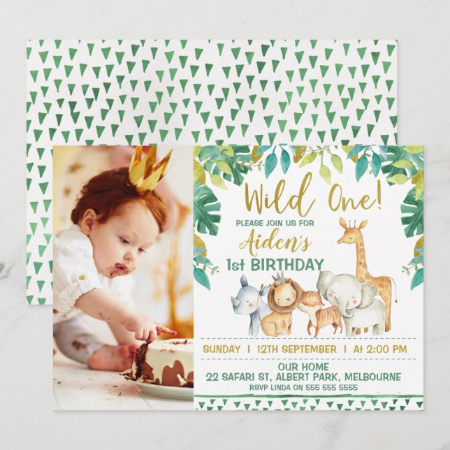 Boys Wild One Safari Photo 1st Birthday Invitation (Front/Back)