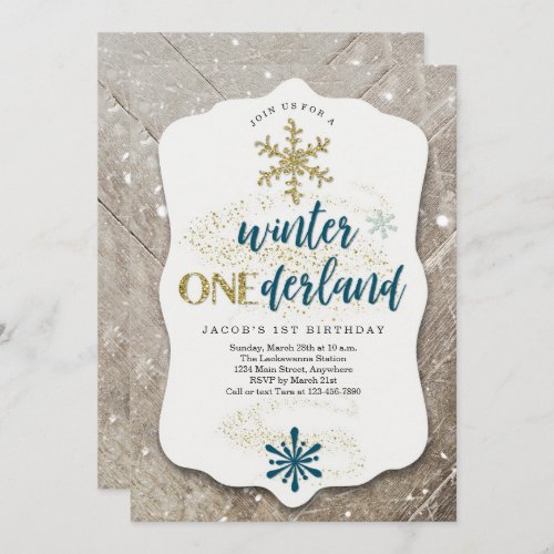 Boys Winter ONEderland Themed First Birthday Party Invitation - A wonderfully navy and gold glittery rustic invitation for a Winter ONEderland party!  Matching registry insert, envelopes, and other items are available in my Winter Wonderland collection.