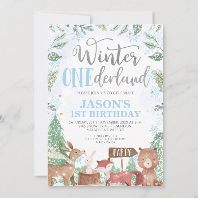 Boys Winter Onederland Woodland Animals Birthday  Invitation (Front)