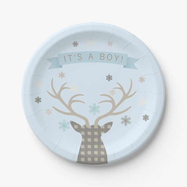 Boys Winter Wonderland Woodland Deer Baby Shower Paper Plates (Front)