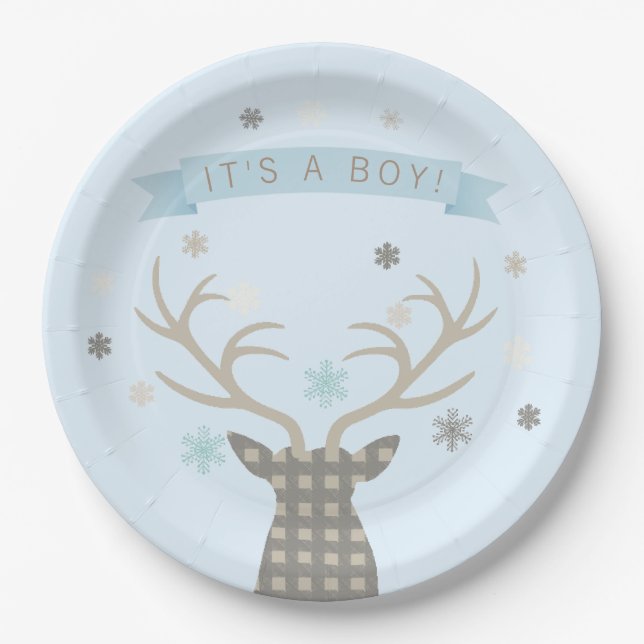 Boys Winter Wonderland Woodland Deer Baby Shower Paper Plates (Front)