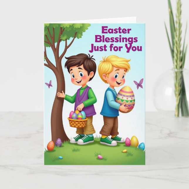 Boys With Striped Egg Spring Card (Front)