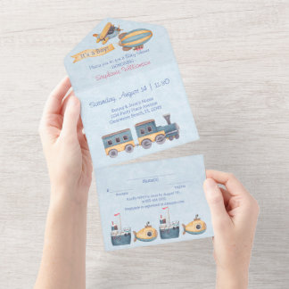 Boy's Wooden Toys Blue Baby Shower  All In One Invitation