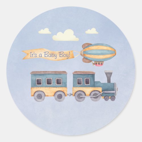 Boys Wooden Toys Blue Baby Shower Train Classic Round Sticker