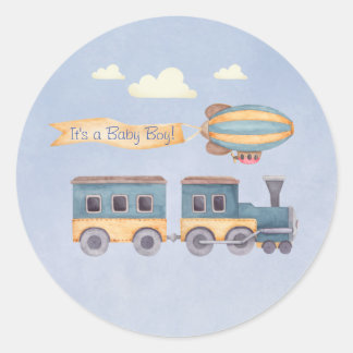 Boy's Wooden Toys Blue Baby Shower Train Classic Round Sticker