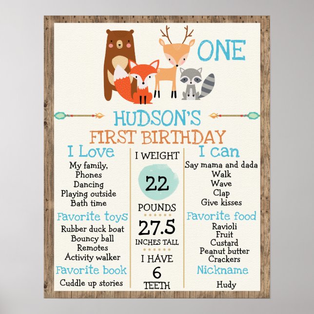 Boys woodland 1st Birthday Milestone Poster (Front)