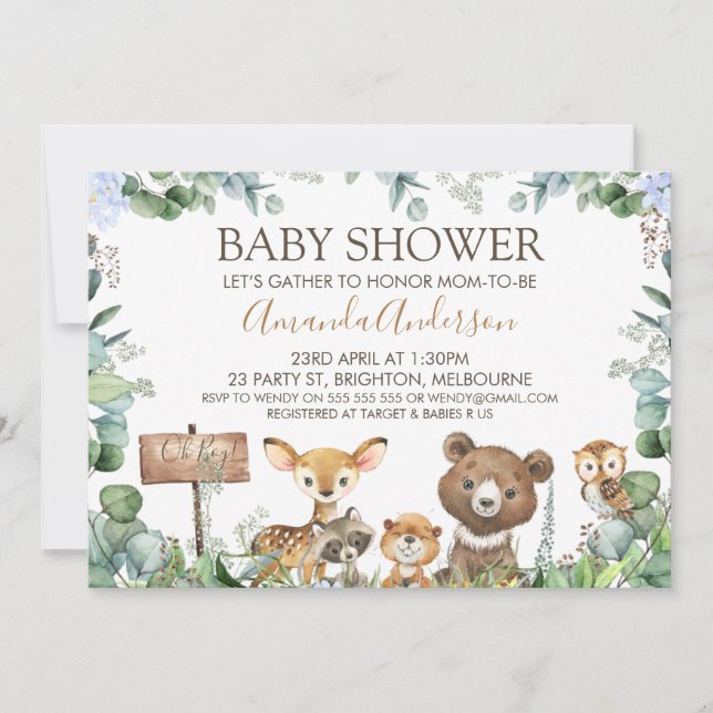 Boys Woodland Animals Baby Shower Invitation (Front)