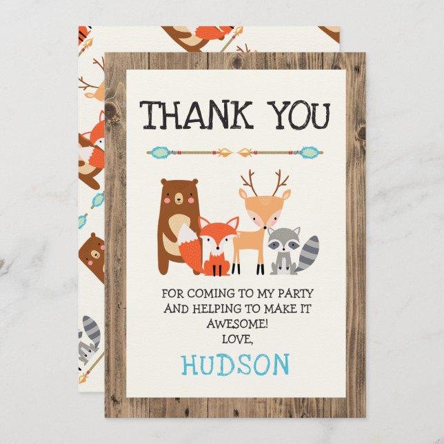 Boy's Woodland Animals Birthday Thank You Card (Front/Back)