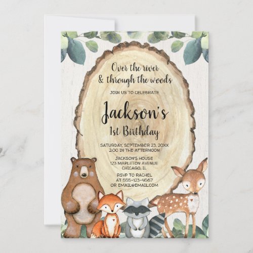 Boys woodland animals first 1st birthday party invitation