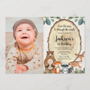 Boys woodland animals first 1st birthday photo invitation