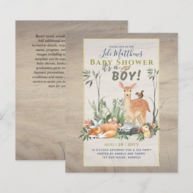 Boys Woodland Animals Forest Baby Shower Invites (Front/Back)