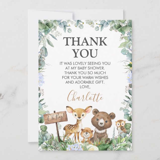 Boys Woodland Greenery Baby Shower Thank You Card (Front)