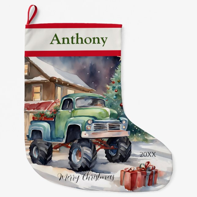 Boys Xmas Monster Truck  Large Christmas Stocking (Front)