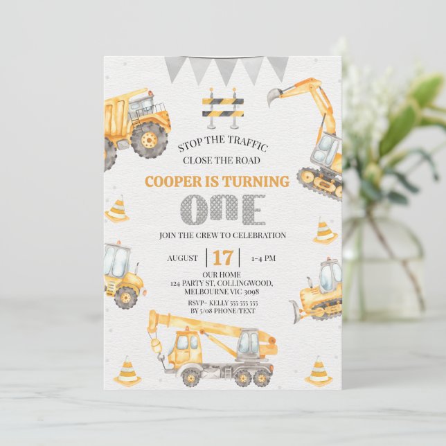Boys Yellow Bunting Construction 1st Birthday  Invitation (Standing Front)