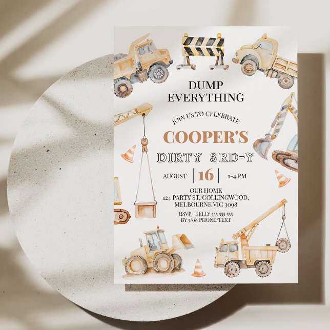 Boys Yellow Construction Dirty 3rd-y 3rd Birthday  Invitation (Dirty 3rd-y Birthday Invitation, Construction 3rd Birthday Invitation Template, Boys 3rd Birthday )