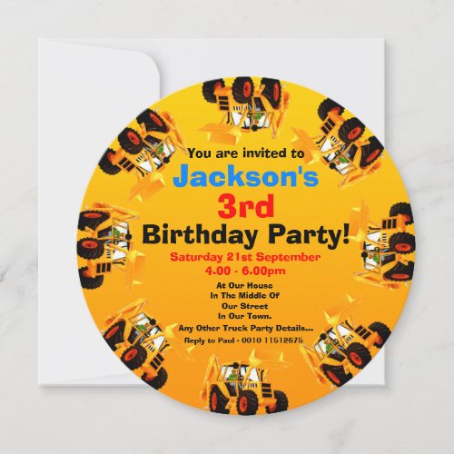 Boys Yellow Digger 3rd Birthday Construction Party Invitation