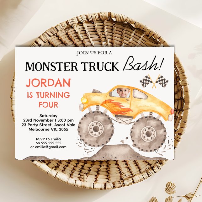 Boys Yellow Monster Truck Monster Bash Birthday Invitation (Monster Truck Birthday Invitation Template, Yellow Monster Truck Bash Birthday Invite Any Age)