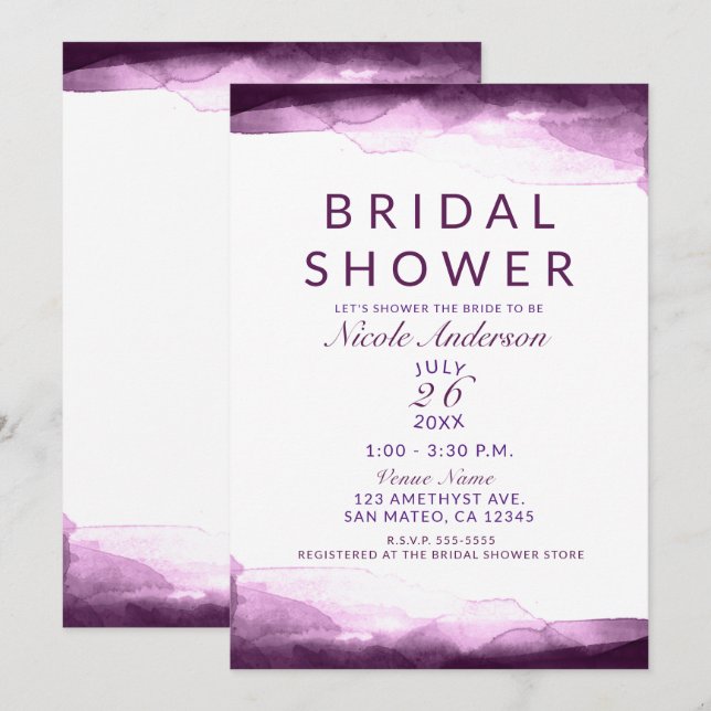Boysenberry Purple Watercolor Modern Bridal Shower Invitation (Front/Back)