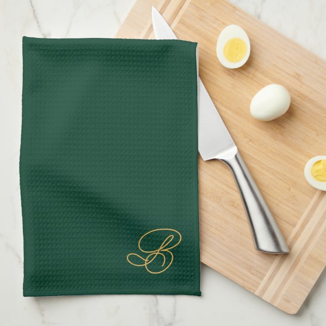 Brabded Green & Gold Monogram Initial  Kitchen Towel (Quarter Fold)