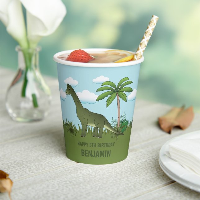 Brachiosaurus Dinosaur Blue Sky Tropical Birthday Paper Cups (Insitu)