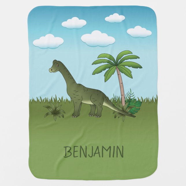 Brachiosaurus Dinosaur Cute Tropical Kid's Name Baby Blanket (Front)