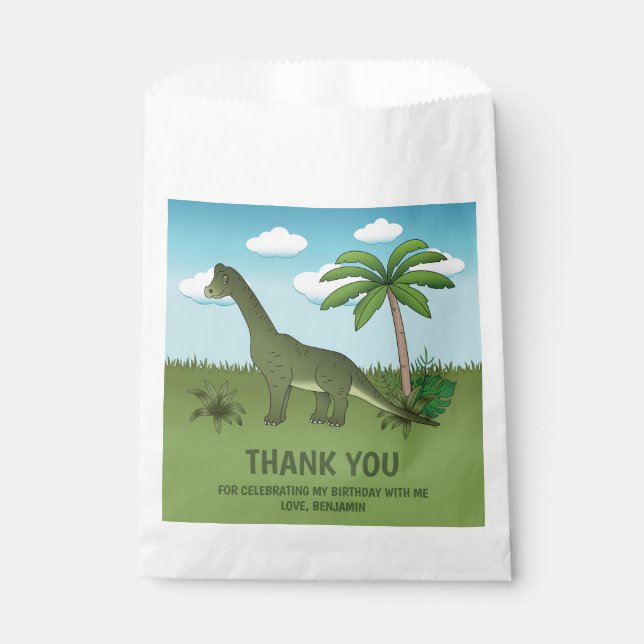 Brachiosaurus Dinosaur Tropical Birthday Thank You Favor Bag (Front)