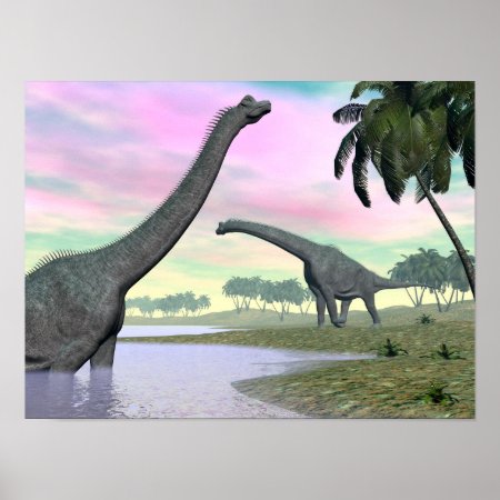 Brachiosaurus Dinosaurs In Nature - 3d Render Poster