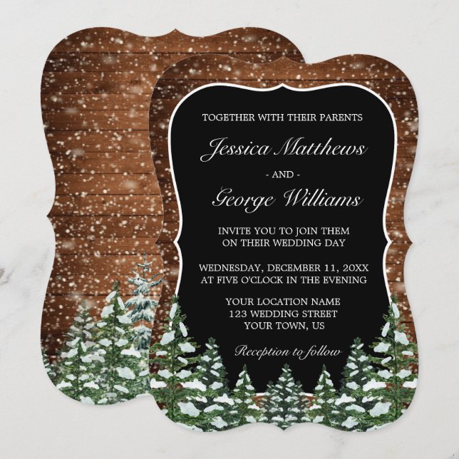 Bracket Black Snowy Wood & Forest Country Wedding Invitation (Front/Back)