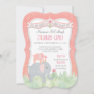 Bracket Cute Girl Baby Shower Elephant Watercolor Invitation