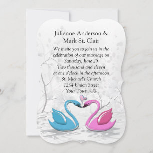 Bracket Edge Pink Blue Kissing Swans Wedding Invitation