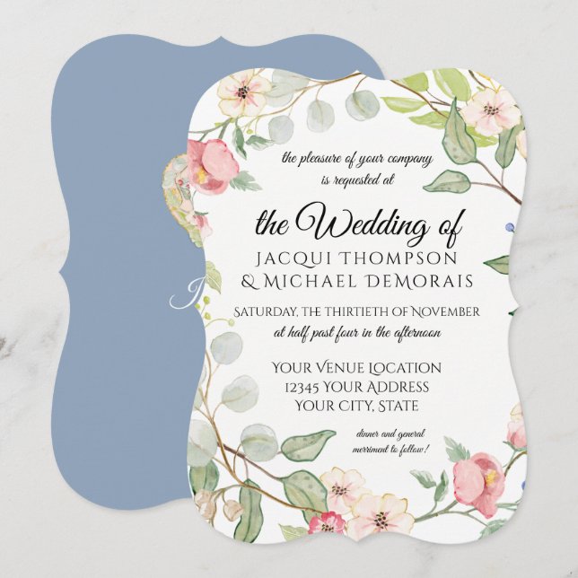 Bracket Frame Blue n Blush Pink Watercolor Flowers Invitation (Front/Back)